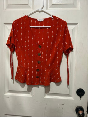 Women's MINE Red & White Patterned Peplum Blouse, Size M